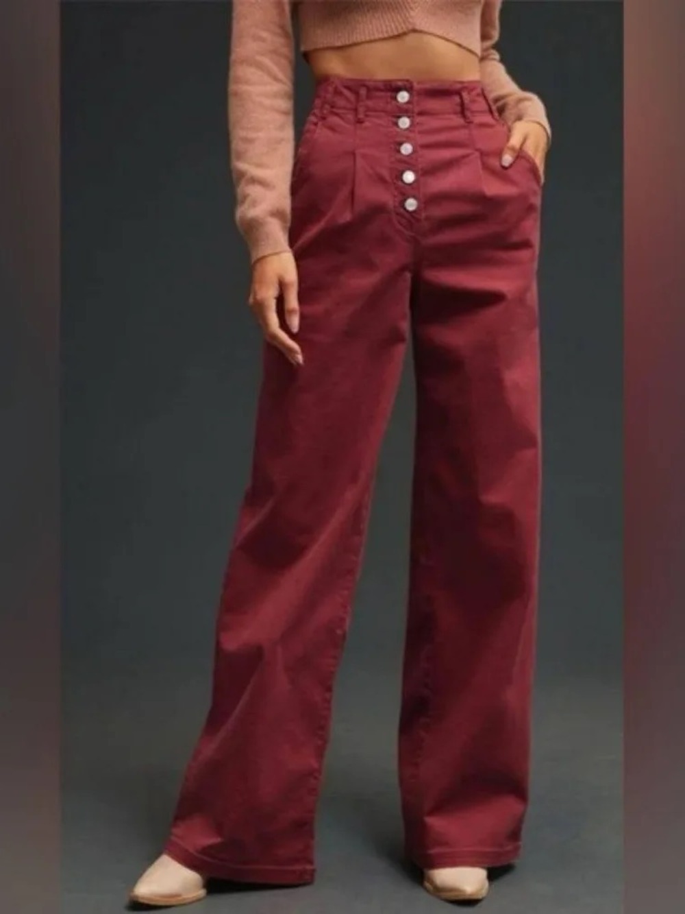 Anthropologie Maeve Wide Baggy High-Rise Button-Fly Pants in Burgundy Size 28 - Picture 11 of 11